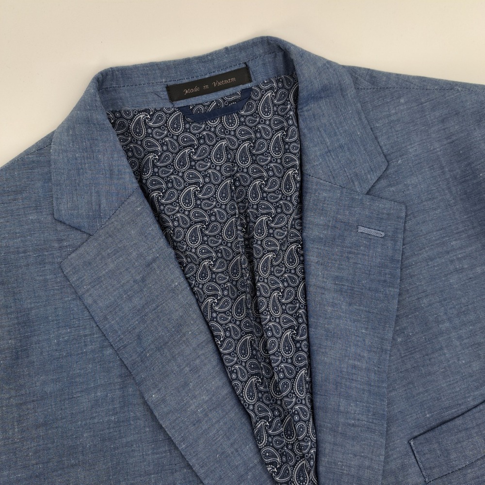 Chaps Sport Coat Mens 46R Linen Blend Blue Solid Two Button Paisley Lining
